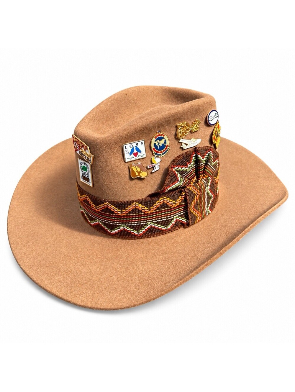 Vintage New West from Bailey Cowboy Hat 6 7/8 Tan Felt w/ Collectible Pins